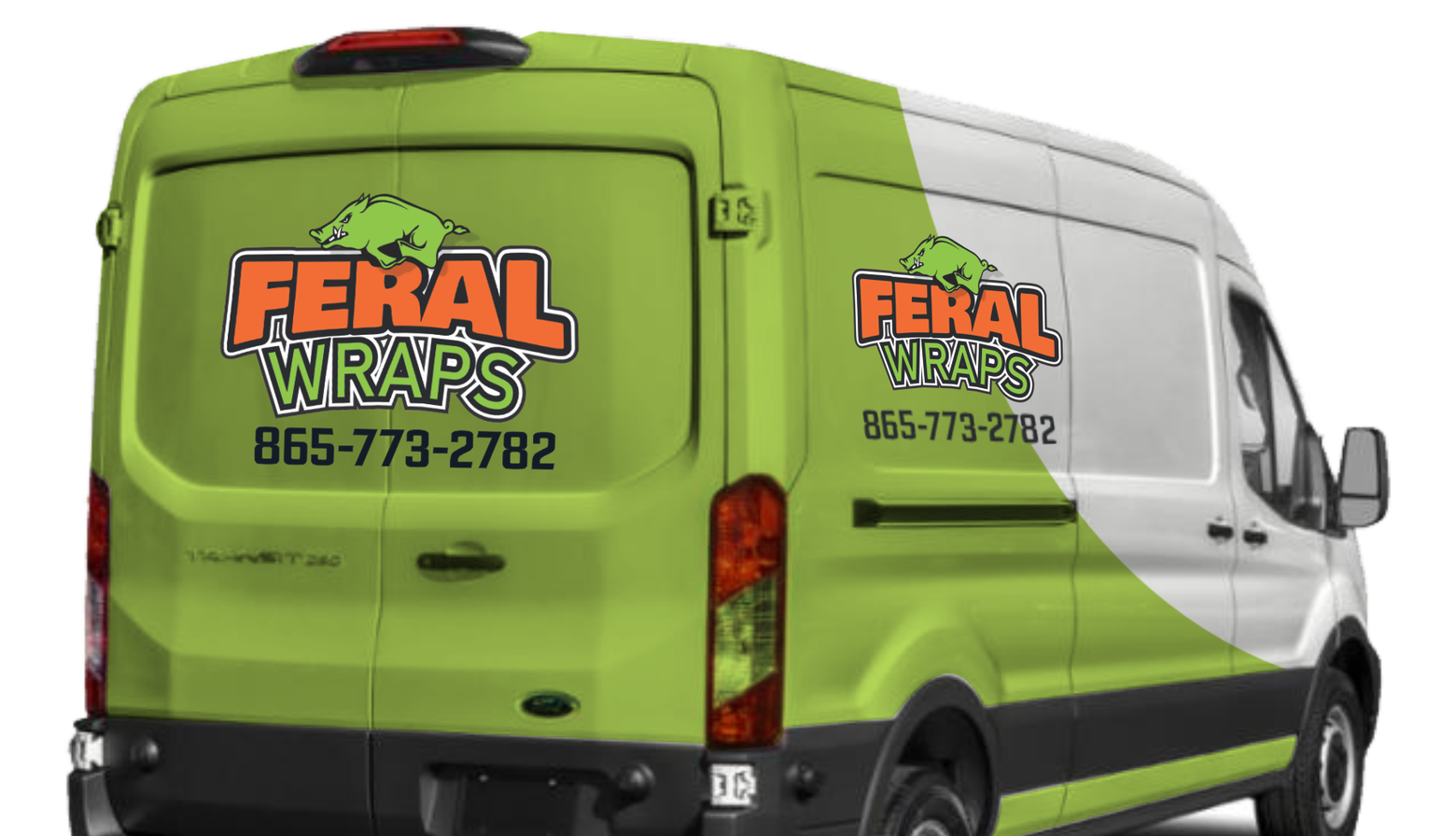 A green and white van with the word feral wraps on the back.