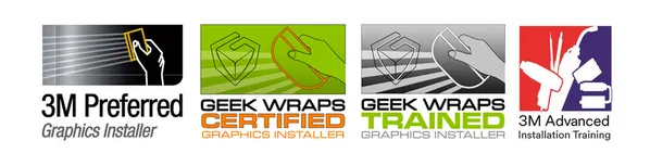 A row of logos for 3m preferred geek wraps certified and trained