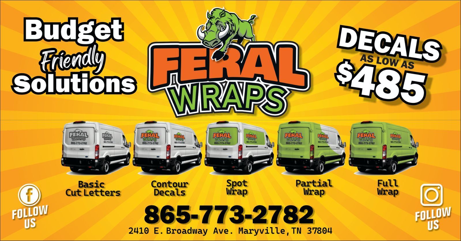 A poster for feral wraps advertising their budget friendly solutions and decals