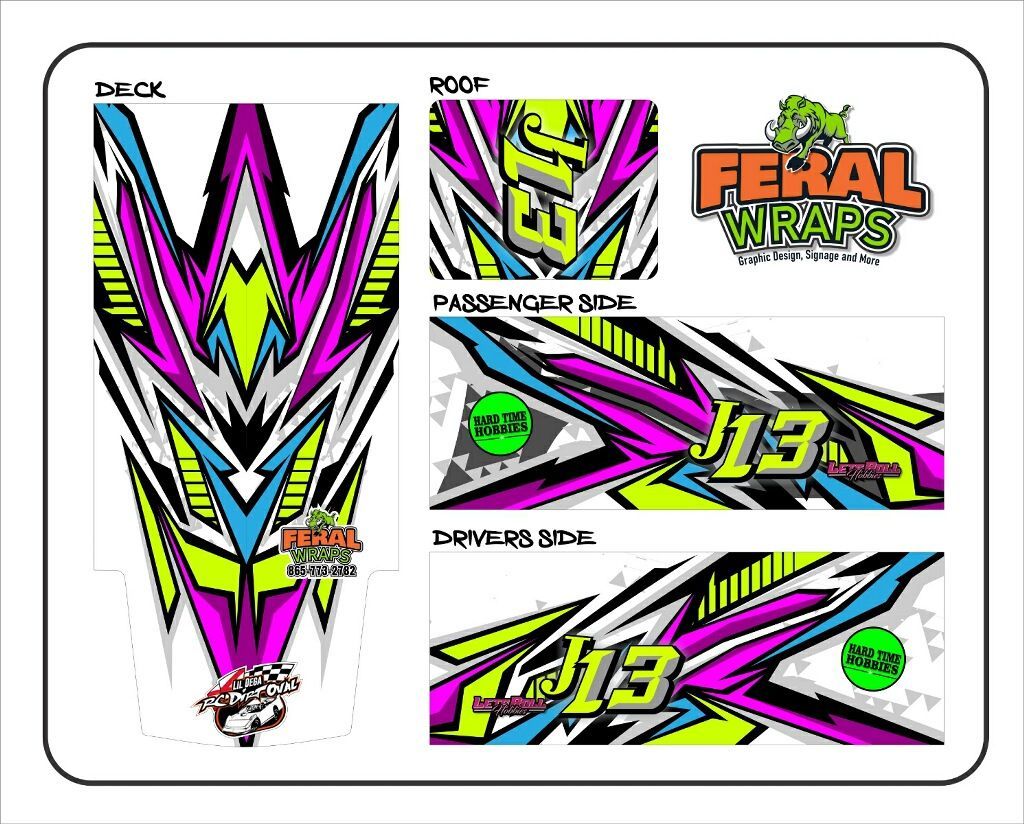 A set of colorful decals for a rc car.