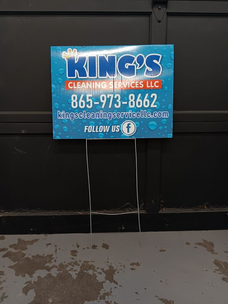 A blue sign for kings cleaning services llc