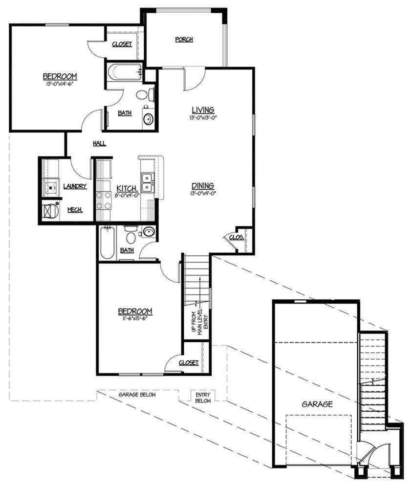 Floor plan of an apartment, showing bedroom, kitchen, dining, living, bath, hall, and closet.