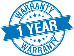 A 1 year warranty stamp with a blue ribbon