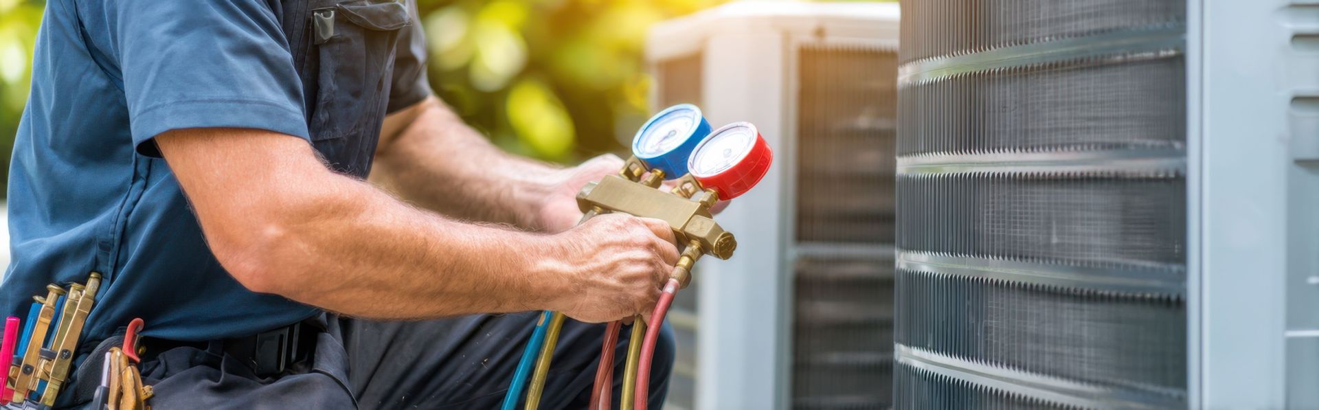 Technician servicing air conditioning unit during daytime at residential location.