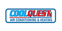 Logo for CoolQuest Air Conditioning & Heating. Blue and red text within a rounded rectangle, white background.