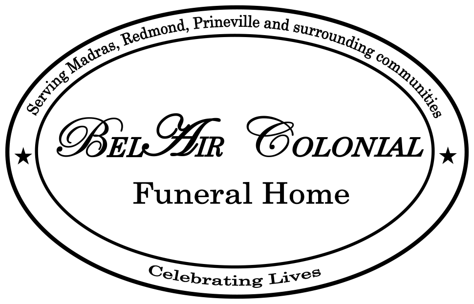 Logo for Bel Air Colonial Funeral Home, oval shape with landscape background and text.