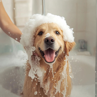 Golden retriever in a bathtub with shampoo suds on its head, smiling during a bath