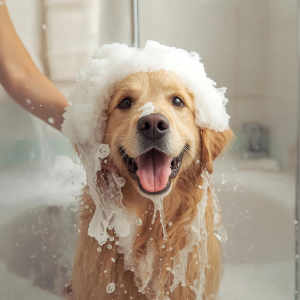 Golden retriever getting a bath, covered in soap suds and looking happy in a bathtub