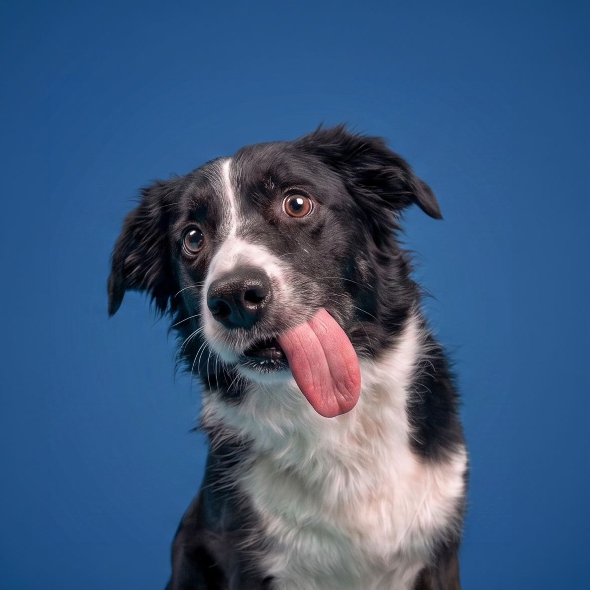 Black-and-white dog with tongue out on a blue background