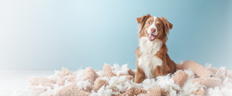 Brown-and-white dog sitting in fluffy feathers against a light blue background