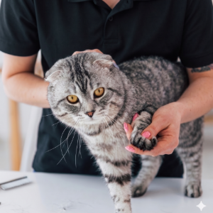 Gray tabby cat being held by a person in a black shirt on a white table
