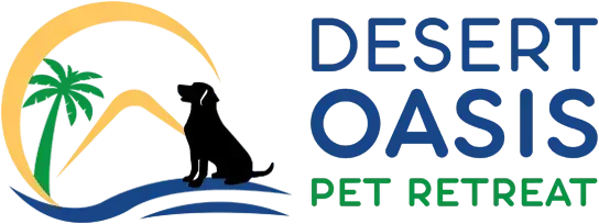 Desert Oasis Pet Retreat logo with sun, palm trees, mountains, and a black dog silhouette