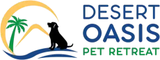 Desert Oasis Pet Retreat logo with palm tree, dog silhouette, and blue-green text on white background