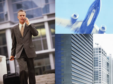 Collage of Images, Person with suitcase talking on the phon, Airplane, Building