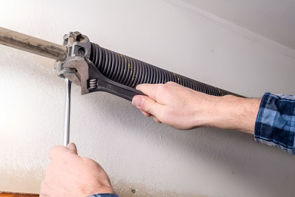 A Man Is Fixing A Garage Door Spring With A Wrench — Brunswick Valley Door Centre in Main Arm, NSW