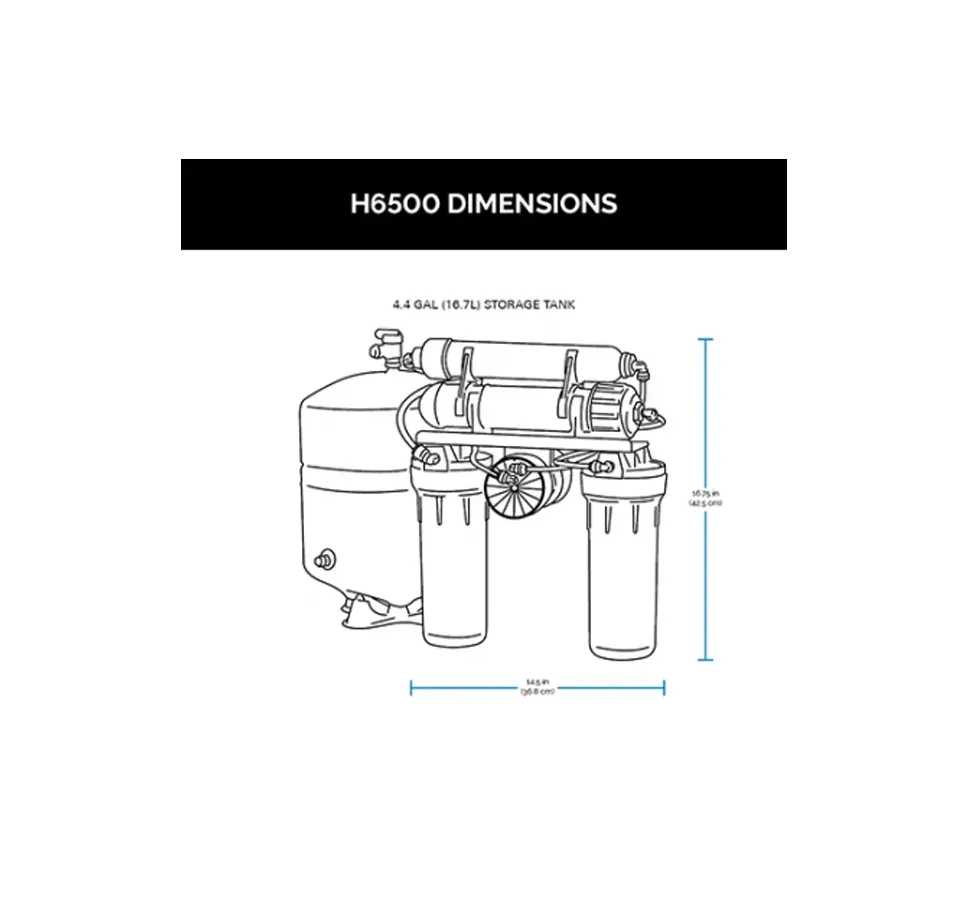 A black and white drawing of a water filter with measurements.