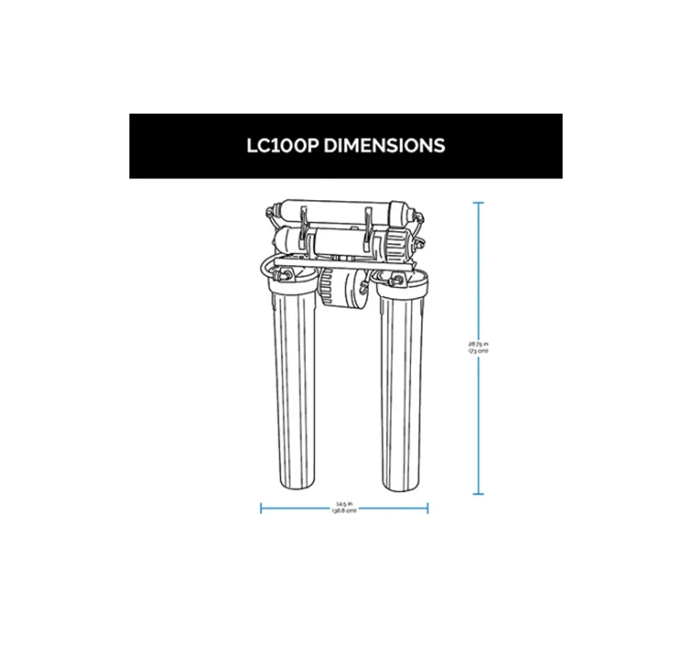 A drawing of a water filter with measurements on a white background.