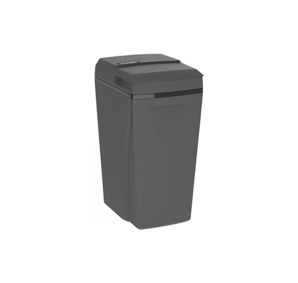 A black trash can with a lid on a white background.