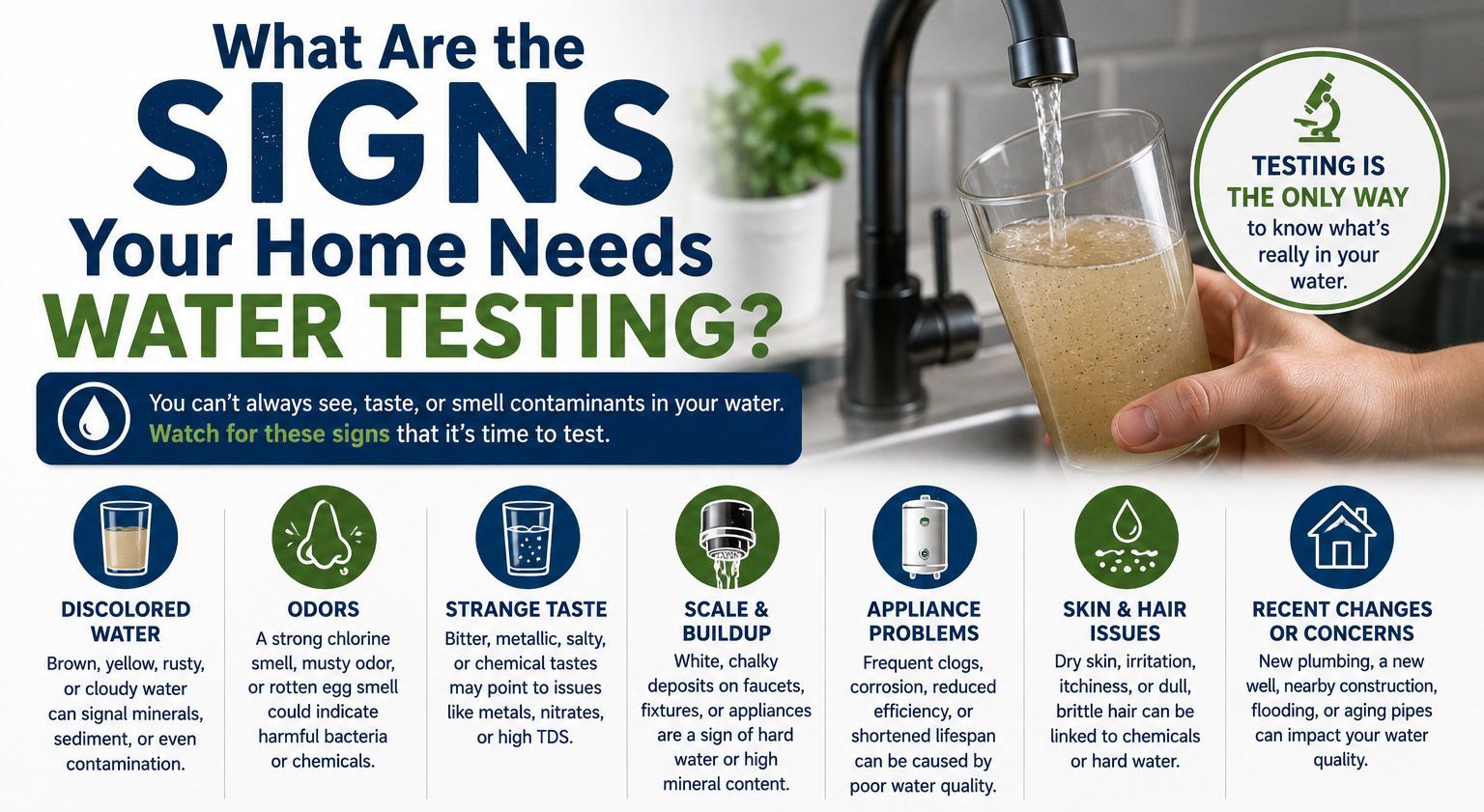 Infographic asking how oftaInfographic about signs your home needs water testing, with a faucet pouring water into a sink.en a home water filtration system should be serviced, with filter images and service intervals. Infographic about signs your home needs water testing, with a faucet pouring water into a sink.