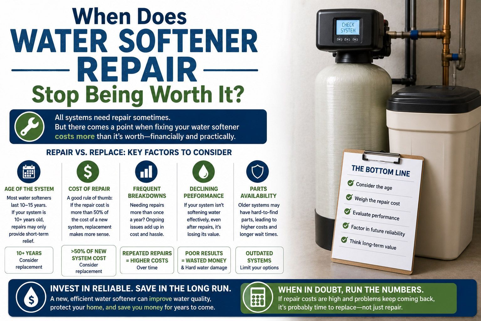 Infographic on water softener repair with technician, blue-and-white design, and service details to stop breakdowns