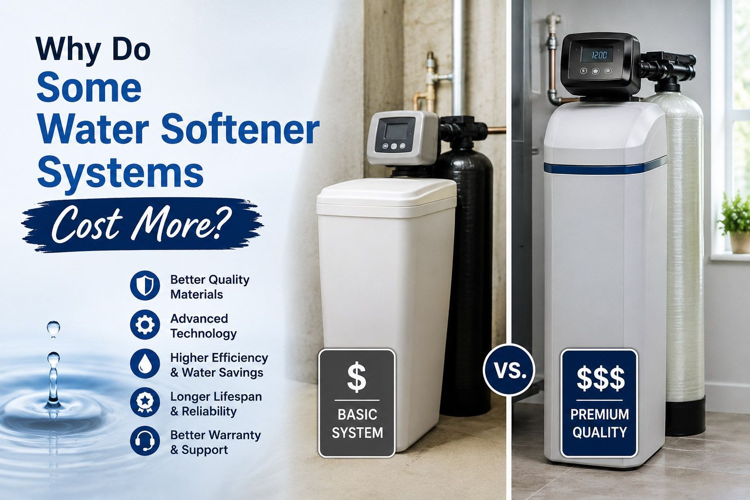 Water softener comparison ad showing basic and premium systems side by side in a home Water softener comparison ad showing basic and premium systems side by side in a home