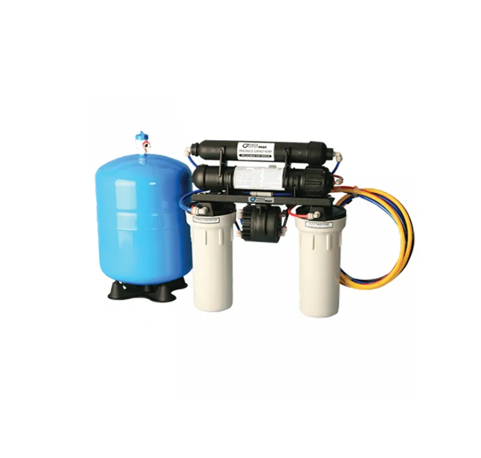 A water filter is sitting next to a blue tank on a white background.