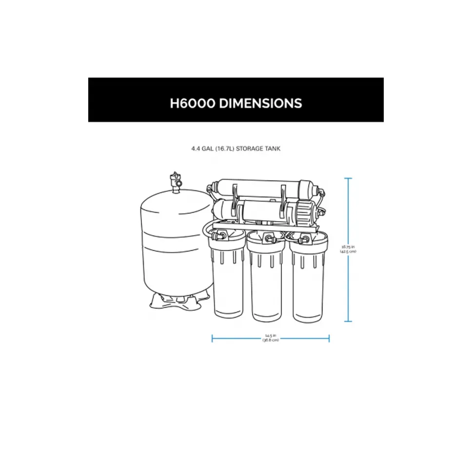 A black and white drawing of a water filter with measurements.