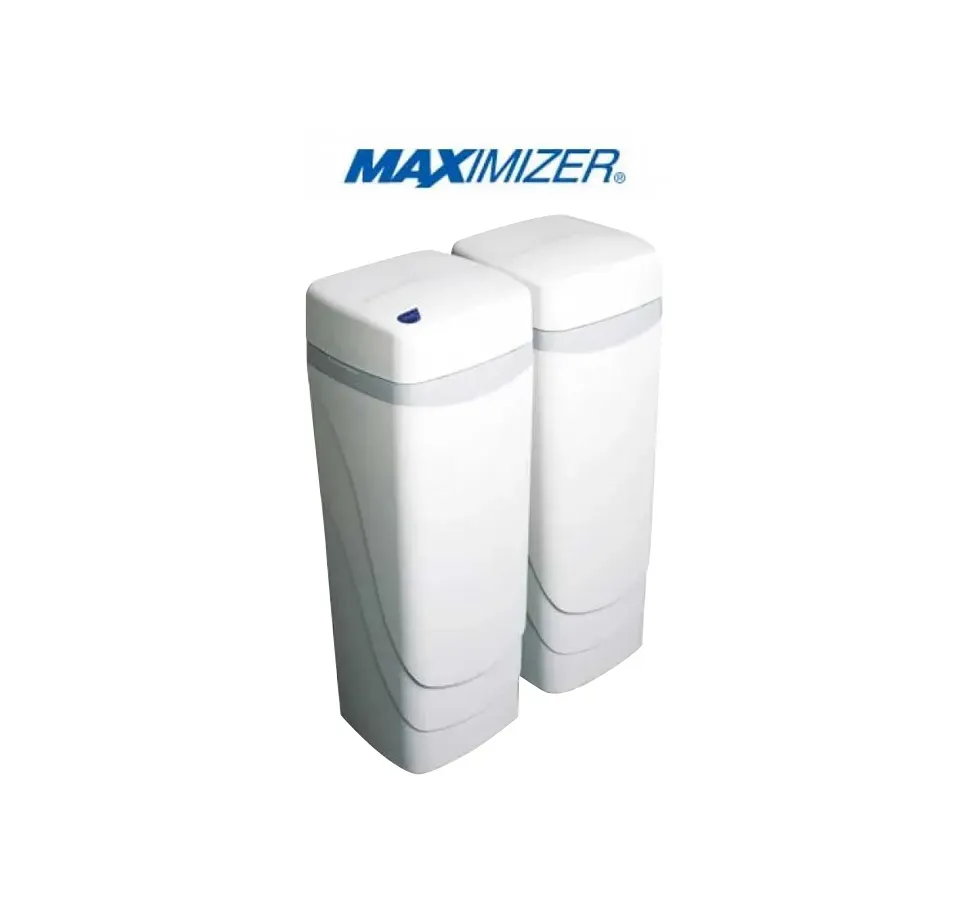 Two white maximizer water softeners on a white background