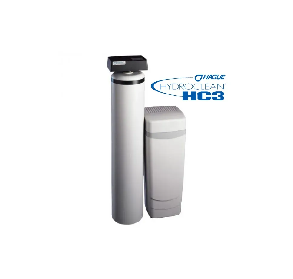 A white water softener is sitting next to a white box on a white background.