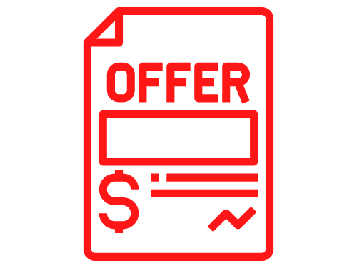 A red and white icon of an offer with a dollar sign.
