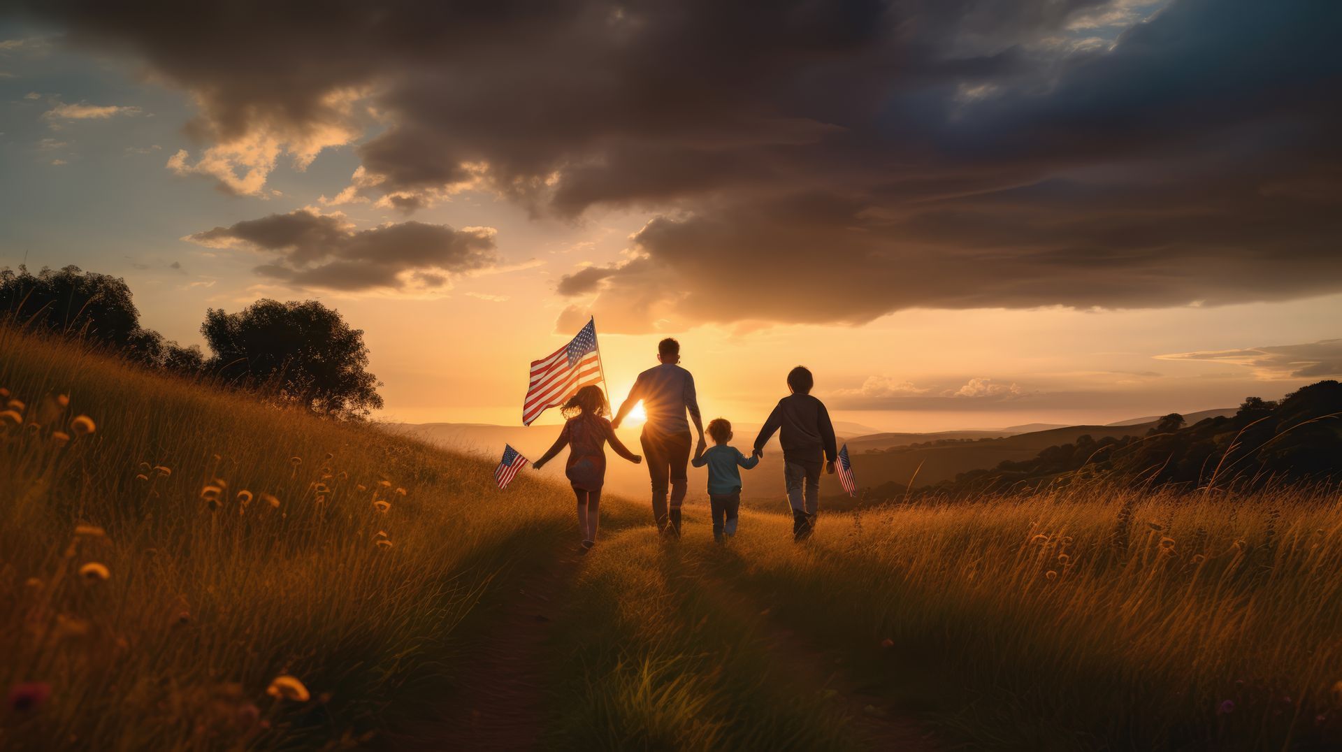 Family walking towards sunset, holding American flag, in a field.