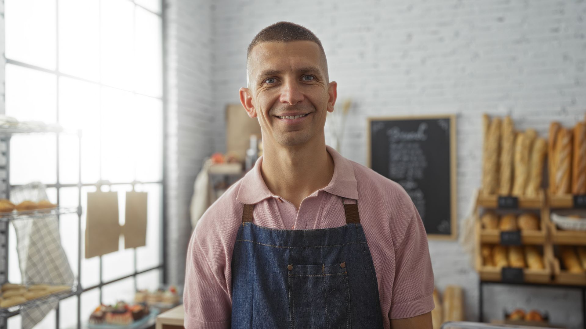 A man in an apron is smiling in a bakery.