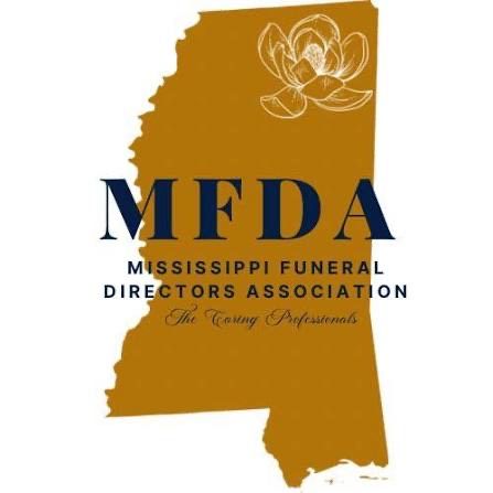 Mississippi Funeral Directors Association logo: MS state outline in gold, navy text, magnolia.