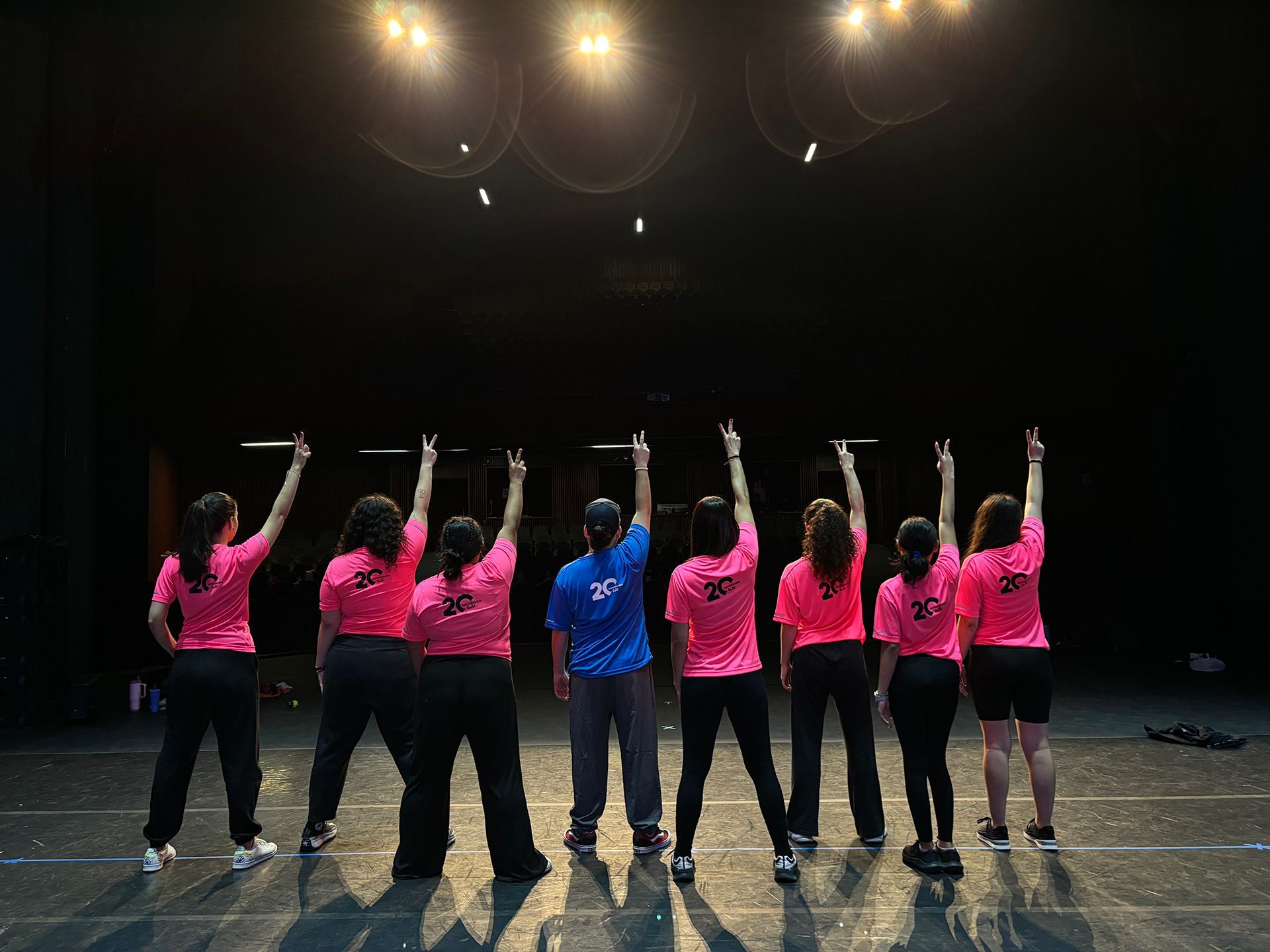 Grupo de bailarines en el escenario, con los brazos en alto, haciendo el símbolo de la paz. Camisetas rosas y azules, pantalones negros, foco.