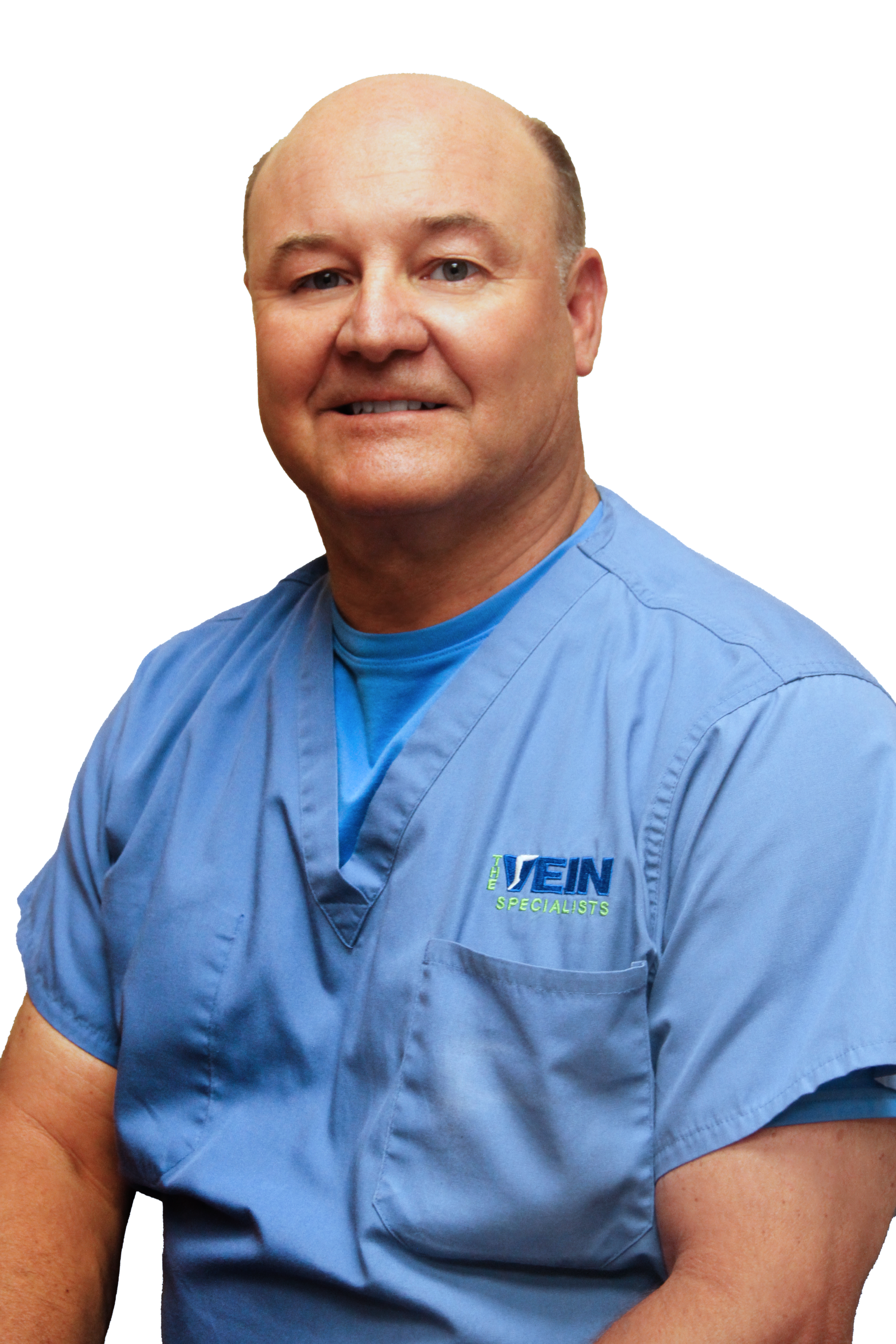 A man wearing a blue scrub top with the word mein on it