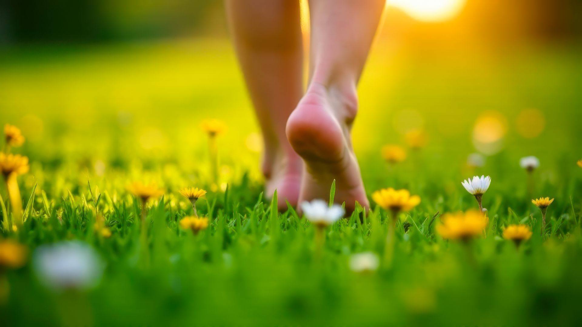 A person is walking barefoot through a field of flowers.