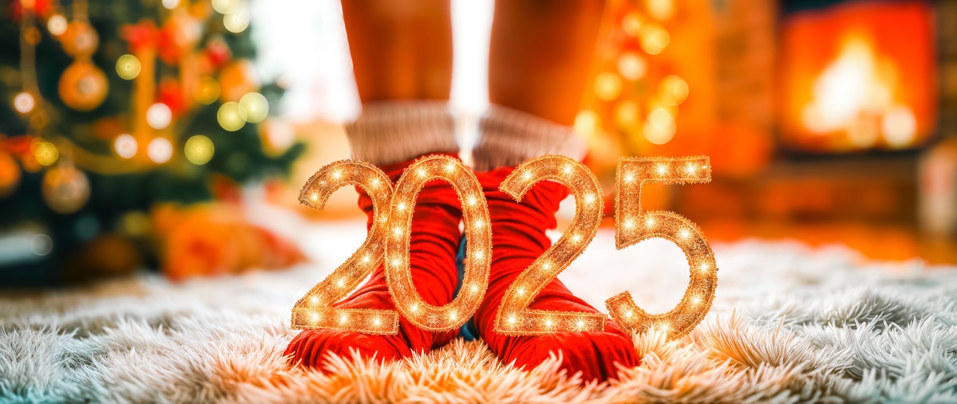 A person is holding a candle in front of a fireplace and a christmas tree with 2025 in lights.