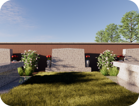 An artist 's impression of a graveyard with a fence and flowers.