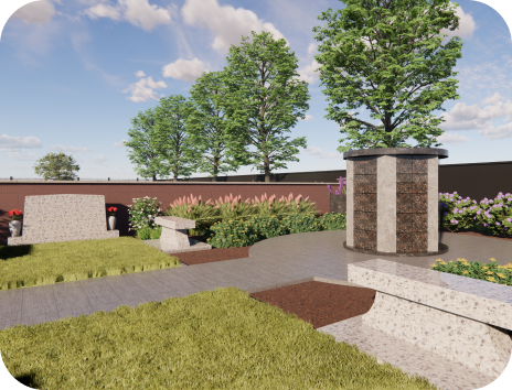 An artist 's impression of a cemetery with trees and benches