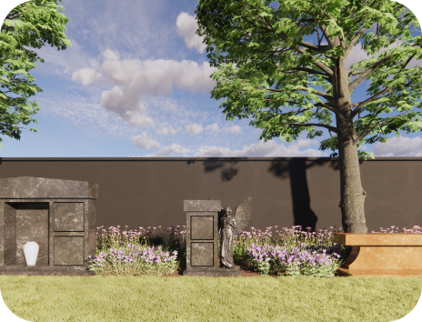 An artist 's impression of a cemetery with a tree and flowers.