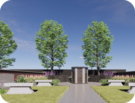 An artist 's impression of a cemetery with trees and benches.