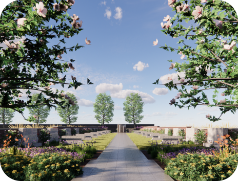 An artist 's impression of a cemetery with flowers and trees.