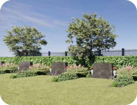 An artist 's impression of a cemetery with graves and trees.