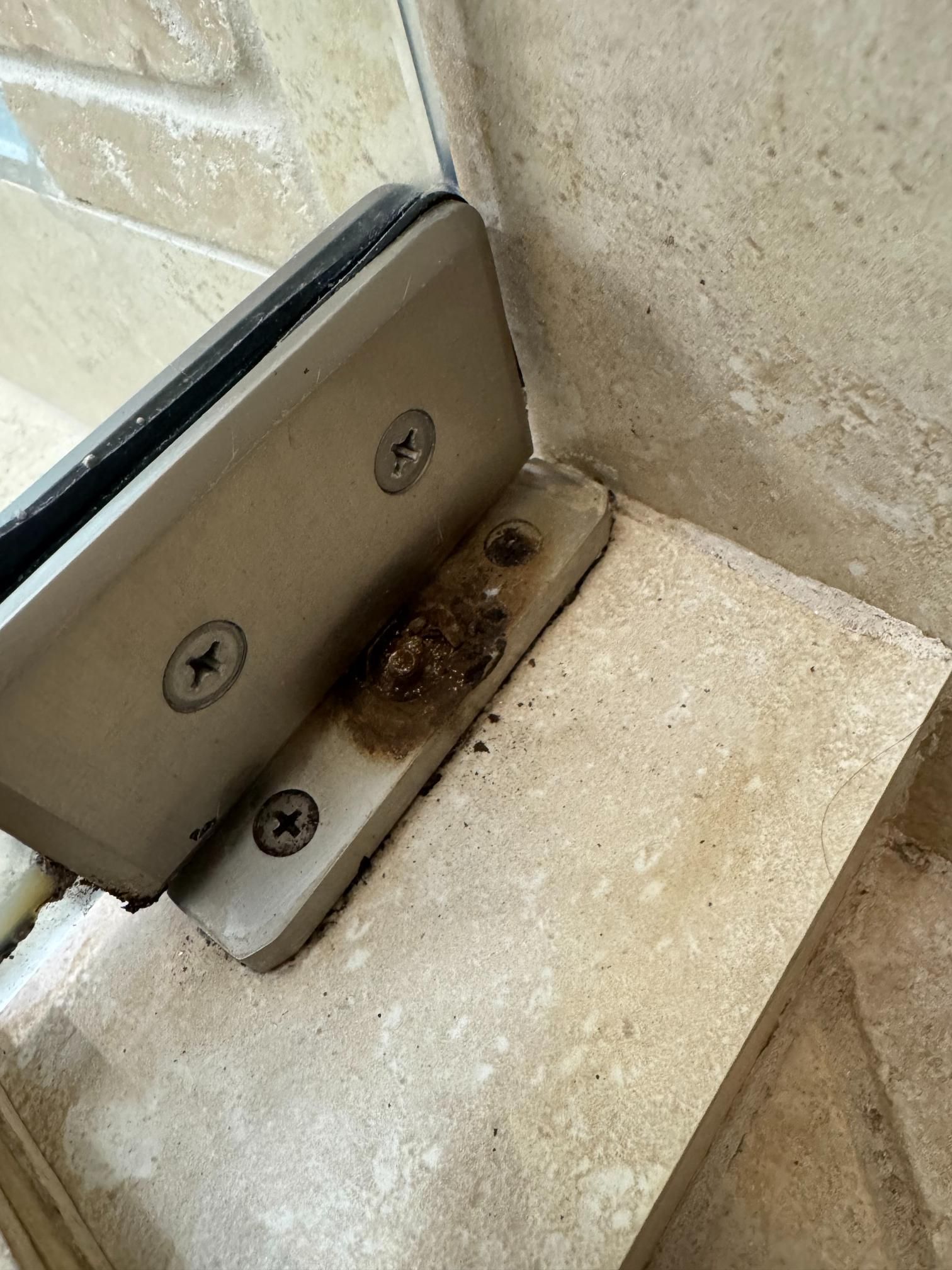 Shower door hinge on tiled surface; rust-colored discoloration visible.
