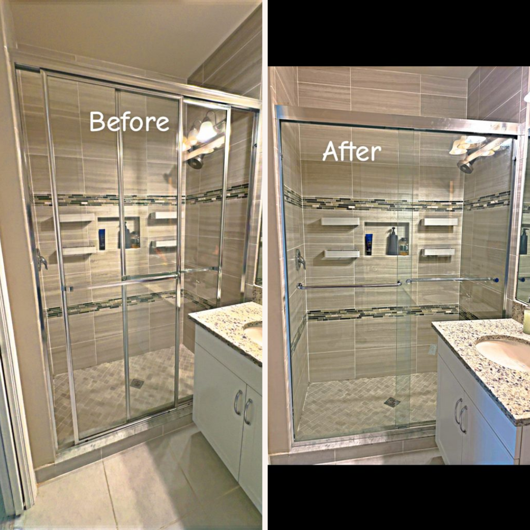 Before and after photos of a remodeled shower with glass doors, a granite countertop, and tile walls.
