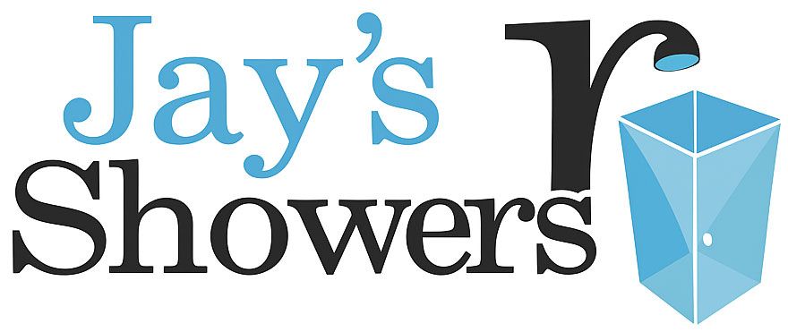 Logo for Jay's Showers. The "r" is a showerhead, a blue shower stall is next to it. "Jay's" is blue, "Showers" is black.