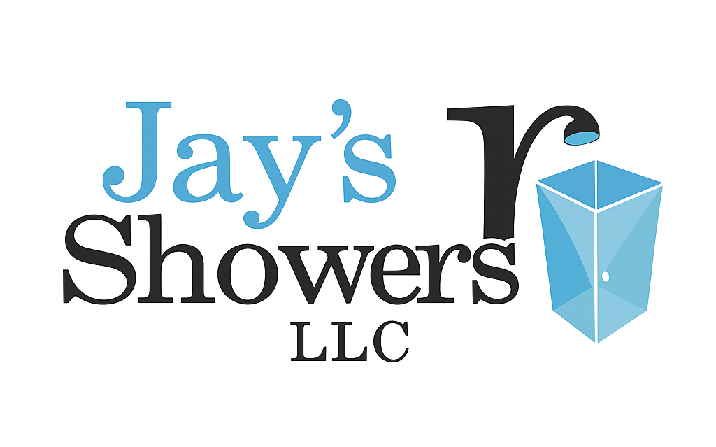 Logo for Jay's Showers. The "r" is a showerhead, a blue shower stall is next to it. "Jay's" is blue, "Showers" is black.