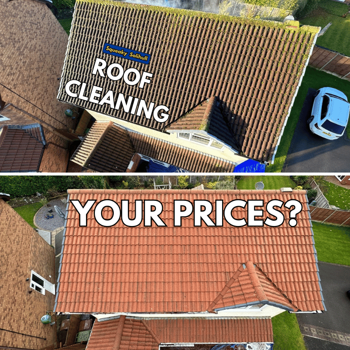 Before-and-after roof cleaning comparison. Top half: dirty roof. Bottom half: clean roof. Text: