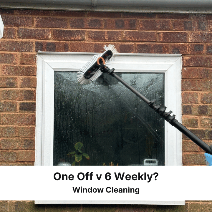 Window being cleaned with a long-handled brush; bricks and white frame visible. Text: 