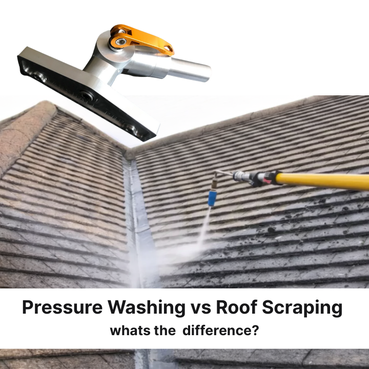 Comparison of pressure washing and roof scraping tools on a roof.